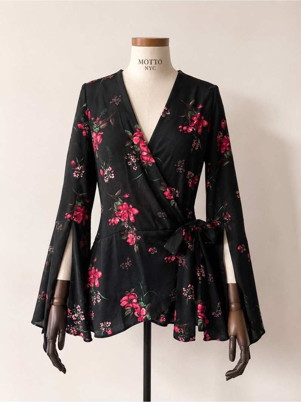 Laurie Felt Black Wrap Top with Pink Floral Print